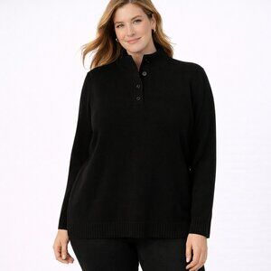 I. Crew Black Tweed Look Merino Wool Blend Long Sleeve 1/2 Turtleneck 2 Buttons